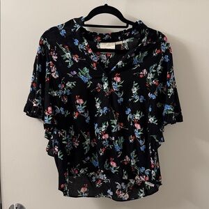 Anthropologie Maeve Black Blouse with Colorful Floral Design